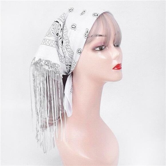 White Paisley Bandana Scarf with Rhinestone Fringe – Western Festival Accessory - Picture 5 of 7